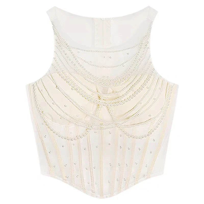 Women's Elegant Pearls O Neck Corset Tank Top Lady High Street Sexy See Throught Slim Tank Top