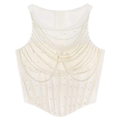 Women's Elegant Pearls O Neck Corset Tank Top Lady High Street Sexy See Throught Slim Tank Top