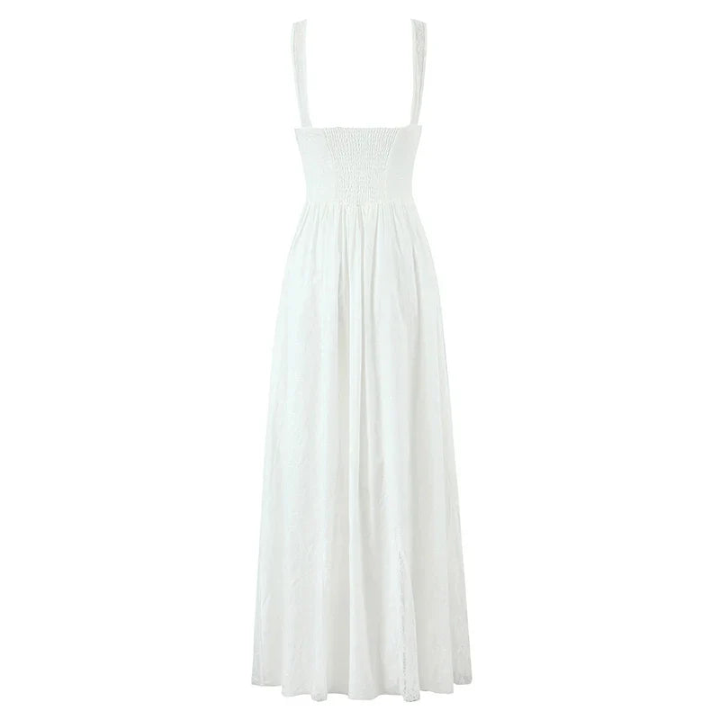 Lace Spliced Elegant White Dress Women Square Neck Sleeveless A-line Summer Long Dresses Holiday Party Robe