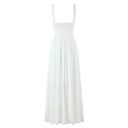 Lace Spliced Elegant White Dress Women Square Neck Sleeveless A-line Summer Long Dresses Holiday Party Robe