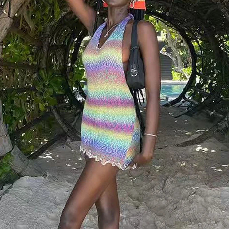 Elegant Lady Pleated Party Knitted Short Dress Fashion Color Blocked Sleeveless Halter Dress Summer New Backless Fit Beach Dress
