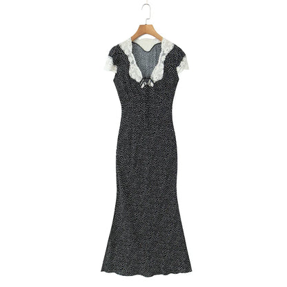 New 2026 Women Short Sleeve V Neck Elegant A-line Midi Summer Polka Dot Dresses Holiday Robe