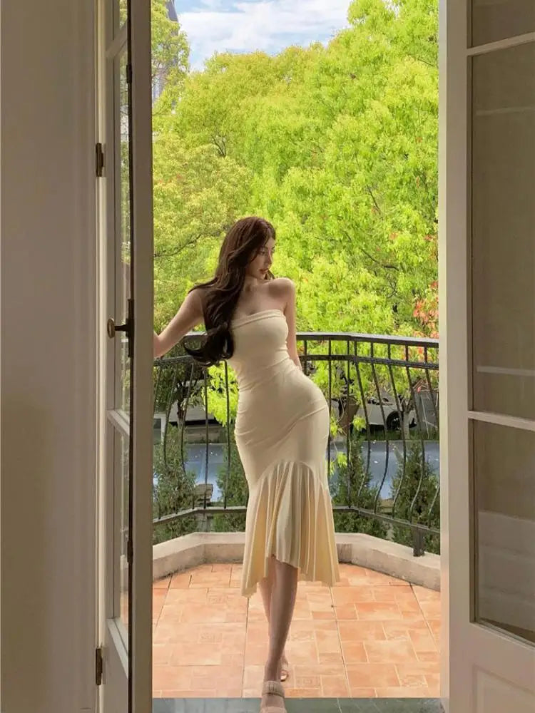 Summer Aesthetic Midi Dress Women Strapless Fishbone Bandage Irregular Dress Party Club Sexy Elegant Dresses Backless Solid