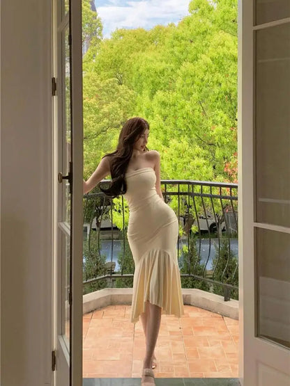 Summer Aesthetic Midi Dress Women Strapless Fishbone Bandage Irregular Dress Party Club Sexy Elegant Dresses Backless Solid