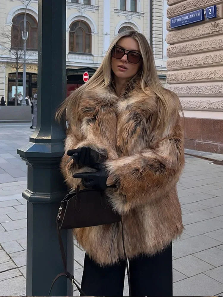 Winter Warm Fluffy Faux Fur Short Coat Women Elegant Lapel Loose Casual Overcoat