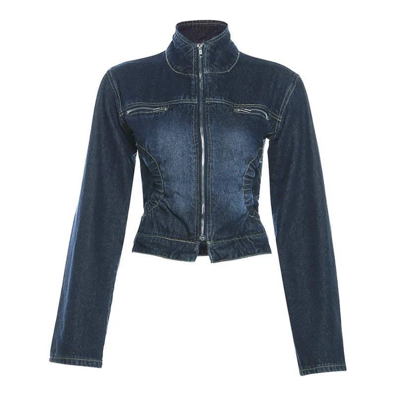 Distressed Wash Denim Jacket Mini Skirt Set Women Half Turtleneck Zipper Coat Hottie Short Skirt Outfit Y2K Streetwear