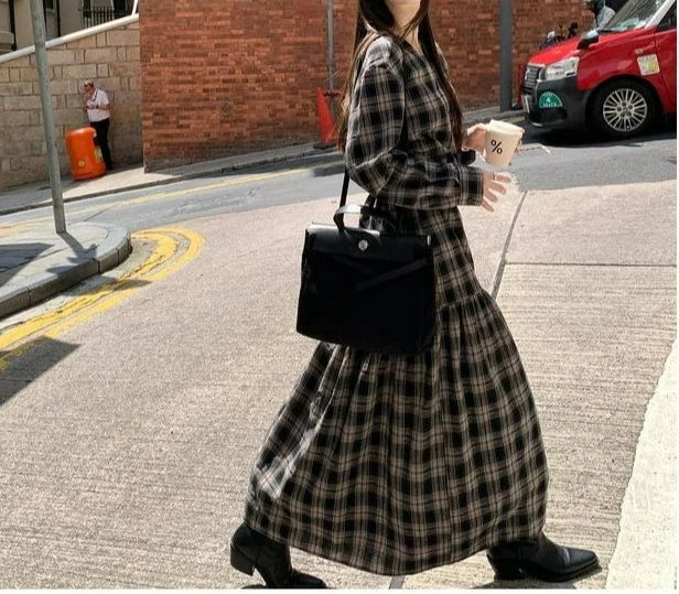 Vintage Ruched Design Plaid Loose Dress for Women New Autumn Layered Base Dress
