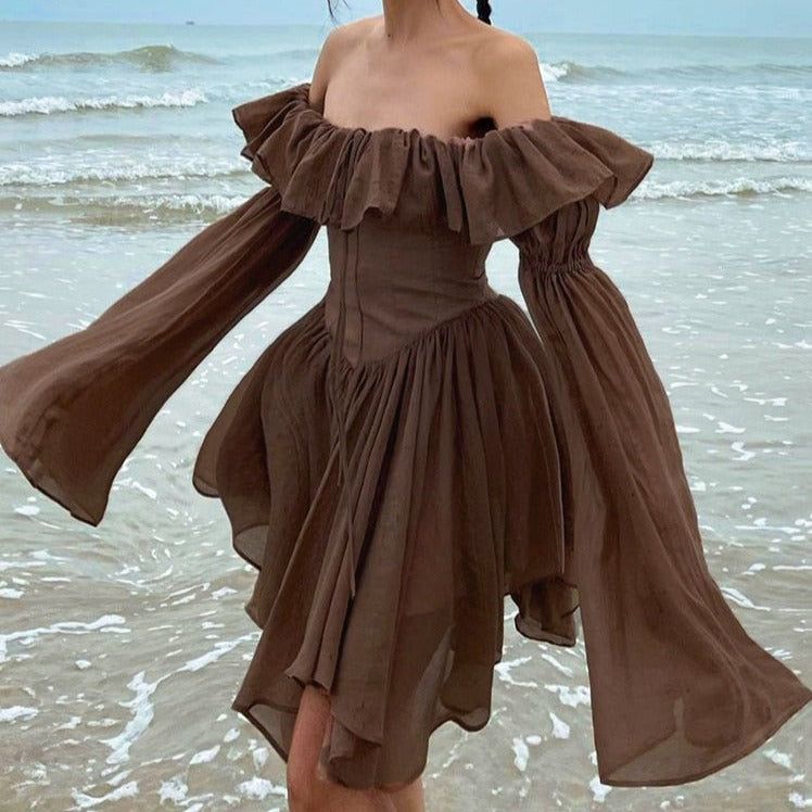 Off-Shoulder Corset Ruffle Trim Balloon Sleeve Handkerchief Hem Mini Dress