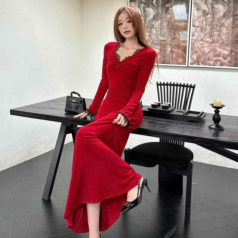 Elegrance French Style Purple Long Dress For Women Autumn Winterdeep V-neck Lace Splicing Belted Waist Slim Fit Long Dress