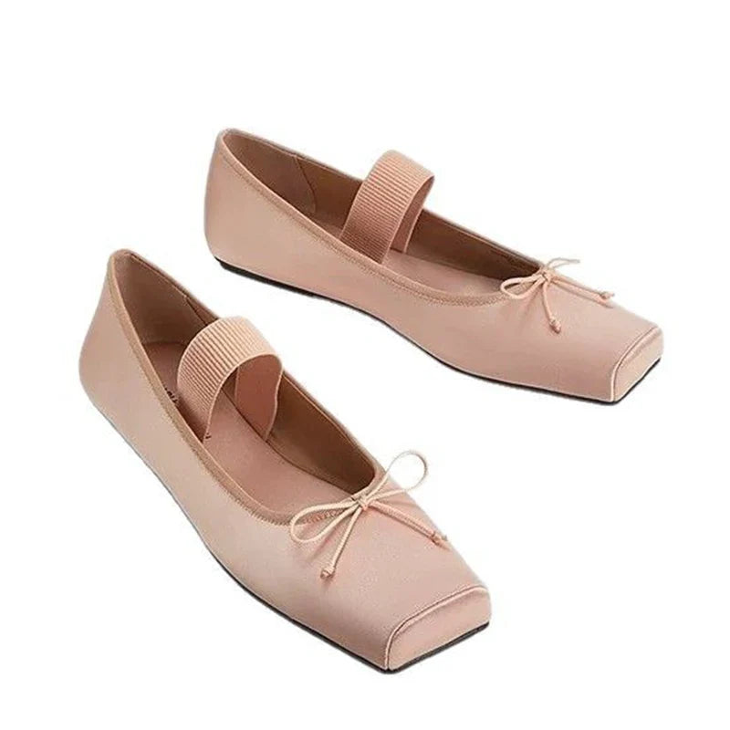 sweet pink silk flat shoes woman square toe bowtie ballet flats silver leather mary janes shoes elastic band moccasions women