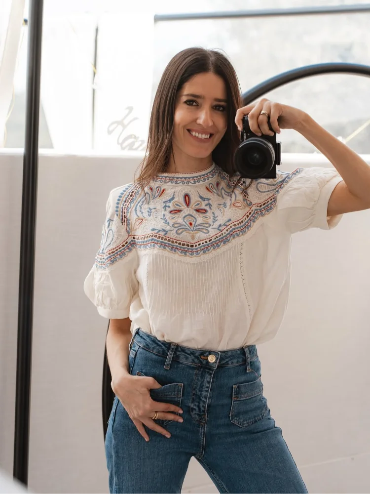 Floral Embroidered 2 Piece Short Sleeve Loose Top High Waist Summer Bohemian Beach Vacation Resort Loungewear Co-ord Set