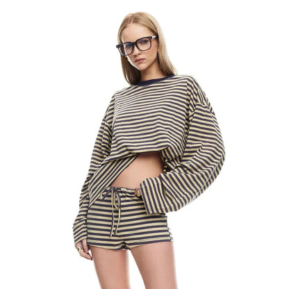 Autumn Striped Women Casual 2 Piece Set Tracksuits O Neck Long Sleeve Loose T-shirts Tops + Drawstring Shorts Home Suits