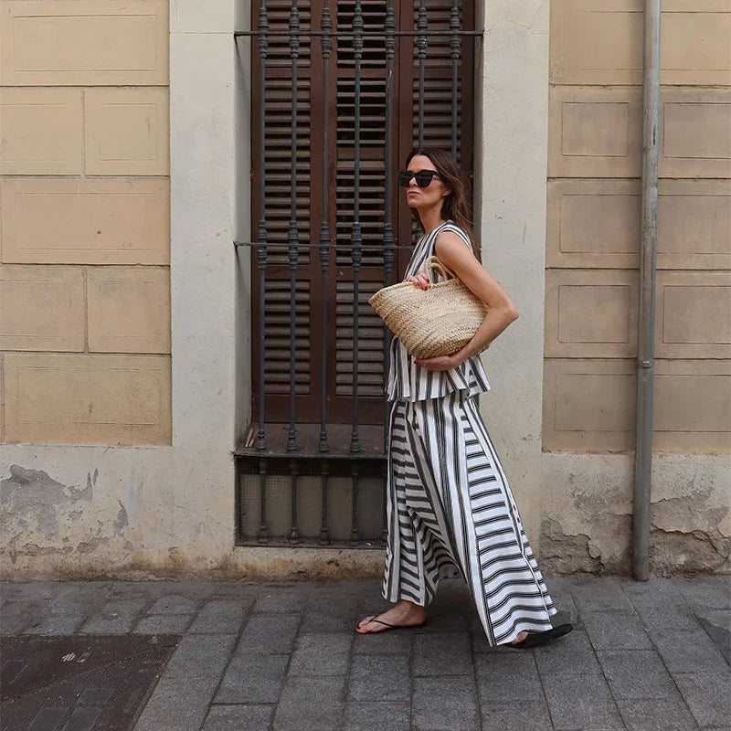 Casual Striped Vest Skirt Suits Women O-neck Sleeveless Bow Tops Pleated Long Skirts 2025 Summer Chic Office Lady Sets New