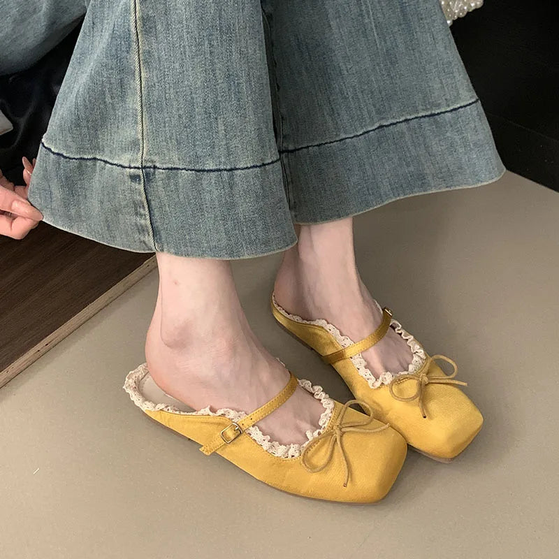 Summer Spring Female Slides Ladies Flats Slippers Shoes Fashion Butterfly-Knot Women Flats Slippers Sandals Shoes Mules