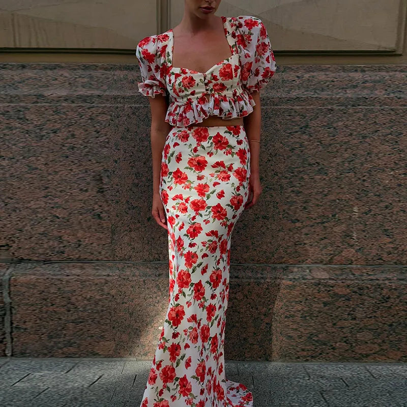 Elegant Printed Long Skirts Sets Women Square Collar Half Sleeve Crop Tops Low Waist Slim A-line Skirt 2025 Autumn Lady Chic Set