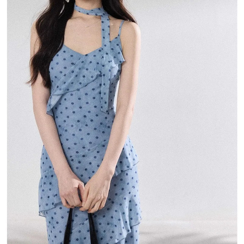 French Commuter V-Neck Streamer Polka Dot Lotus Edge Suspender Dress Female Slim Mesh Printed Dress