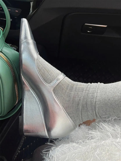 Design Summer Vintage Wedges Heels Black Mary Jane Shoes Women Spring Silver Elegant Pointy Toe Pumps High Quality