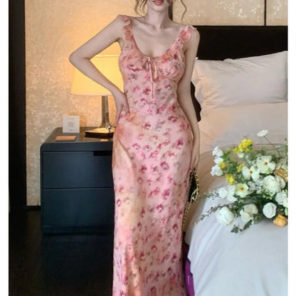 Tea Break Gentle Temperament V-neck Floral Suspender Dress Seaside Vacation Style Waist Hip Long Skirt
