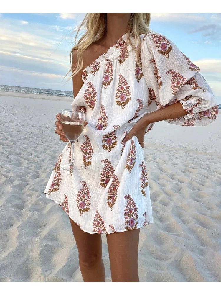 One Shoulder Puff Sleeve Paisley Print Relaxed Flow Mini Dress