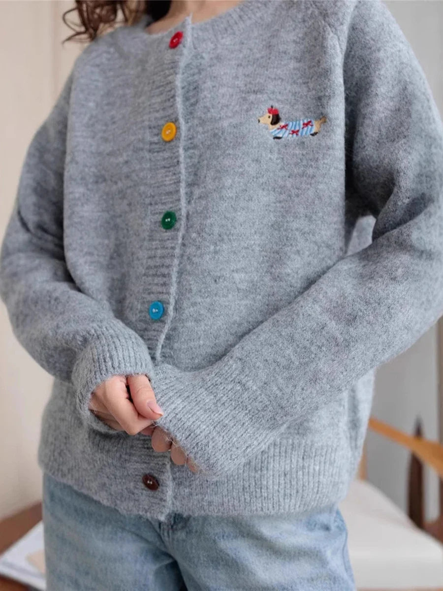 Little Dog Embroidery Cardigan Autumn O Neck Single Breasted Knitted Outerwear Women Simple Fashion Casual Long Sleeve Jumper