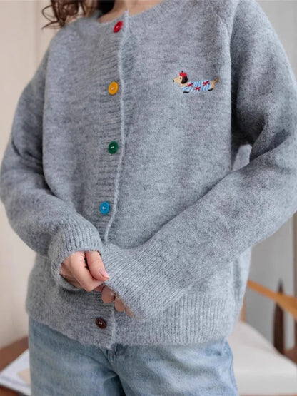 Little Dog Embroidery Cardigan Autumn O Neck Single Breasted Knitted Outerwear Women Simple Fashion Casual Long Sleeve Jumper
