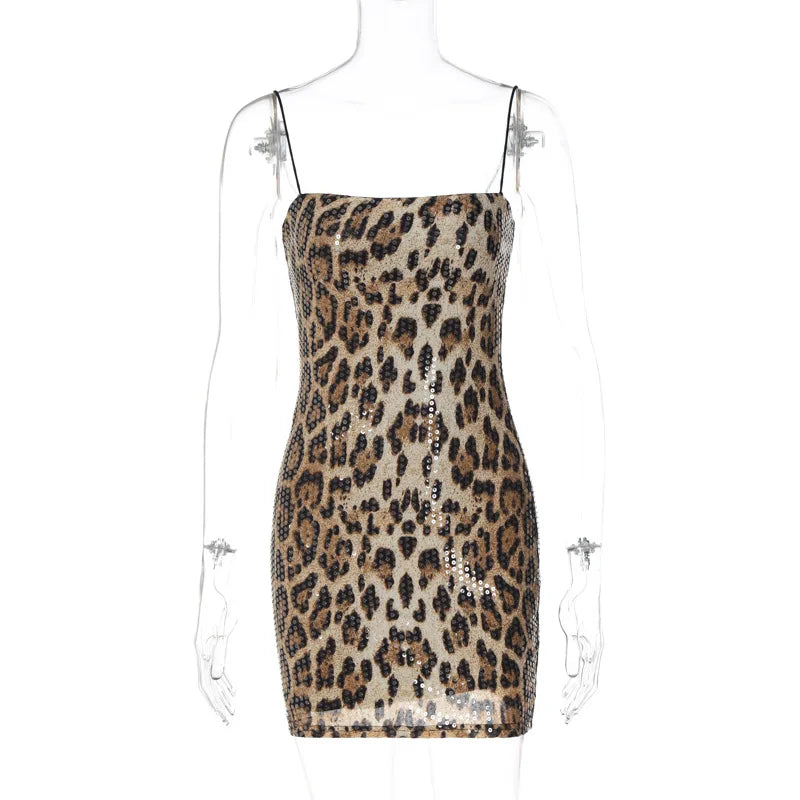 Sexy leopard print minidress street style club women's halter beaded dress slim-fit wrap hip skirt