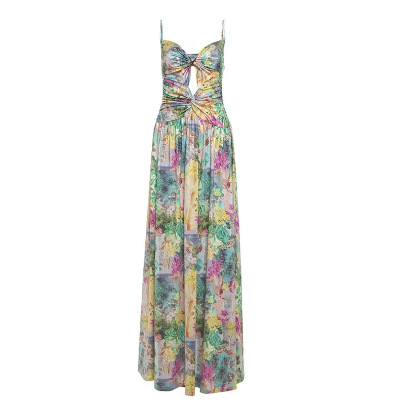 Hollow Metal Decals Dress Women Side Slit Backless Pleated Patchwork Sleeveless Colorful Beach Vacation Party Bodycon
