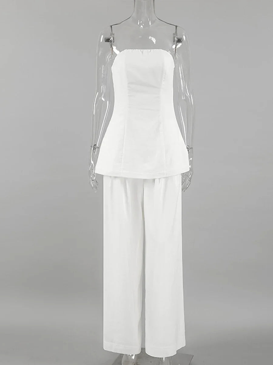 White Simple Wide Leg Pants Sets Women Summer New Off Shoulder Sleeveless Tube Tops Streetwear Fashion Casual Pants 2 Piece Set