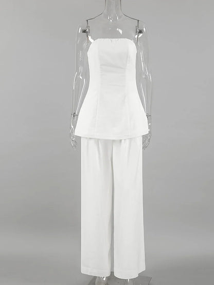 White Simple Wide Leg Pants Sets Women Summer New Off Shoulder Sleeveless Tube Tops Streetwear Fashion Casual Pants 2 Piece Set
