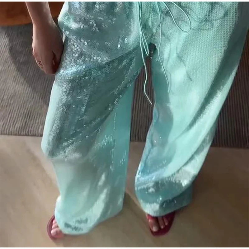 Loose Solid Color Sequin Pants Woman Cinched Waist Glitter Straight Baggy Long Pants Casual Street Chic Sparkle Women's Trousers