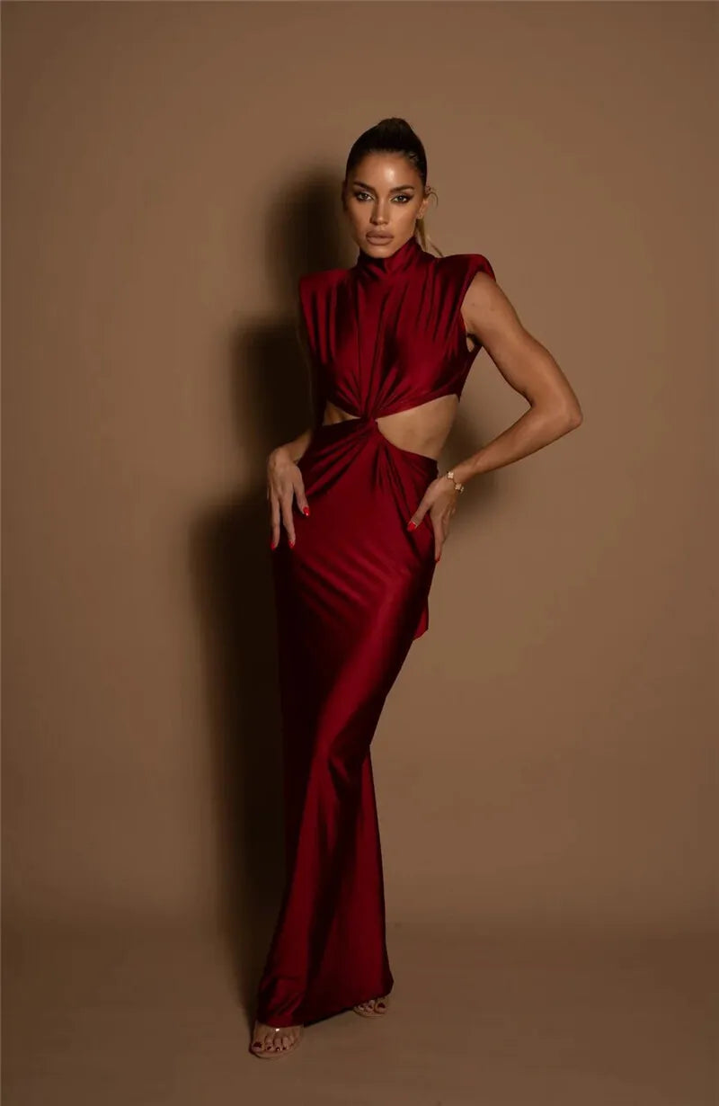 Mock Neck Structured Shoulder Waist Cutout Satin Maxi Gown
