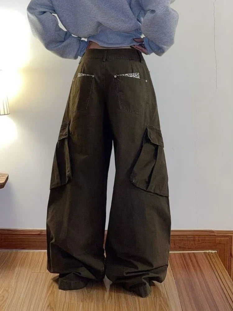 Vintage Chic American Vintage Trousers Pocket Design Leopard Print Button Long Denim Pants 2000s Casual Loose Straight Leg Pants