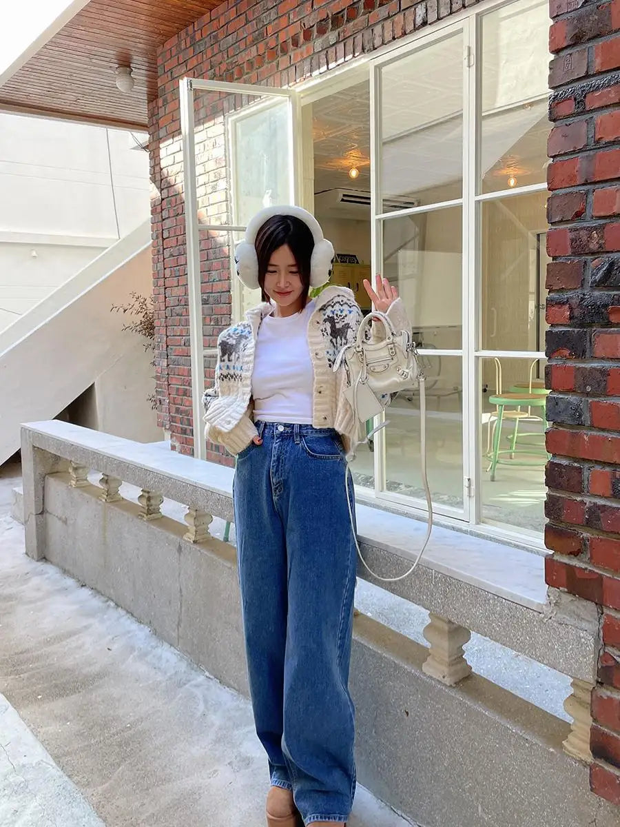 Retro Gentle Style Stand Collar Single Breasted Christmas Knitted Top Elk Jacquard Long Sleeve Sweater Jacket Cropped Cardigan