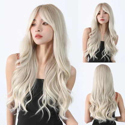 Ombre Blonde Wig with Bangs Long Wavy Wig for Women Highlight Platinum Curly Synthetic Wig Cosplay Party Daily Heat Resistant