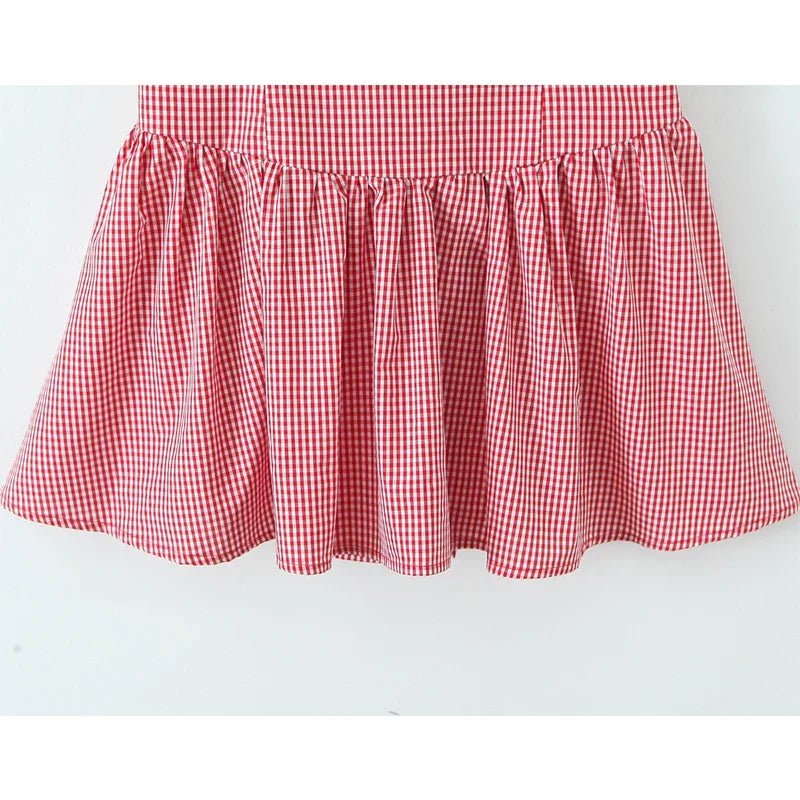 Fashionable Short Red Plaid Dress Women Sexy Backless A-line Mini Summer Halter Dress Vacation Robe 2026