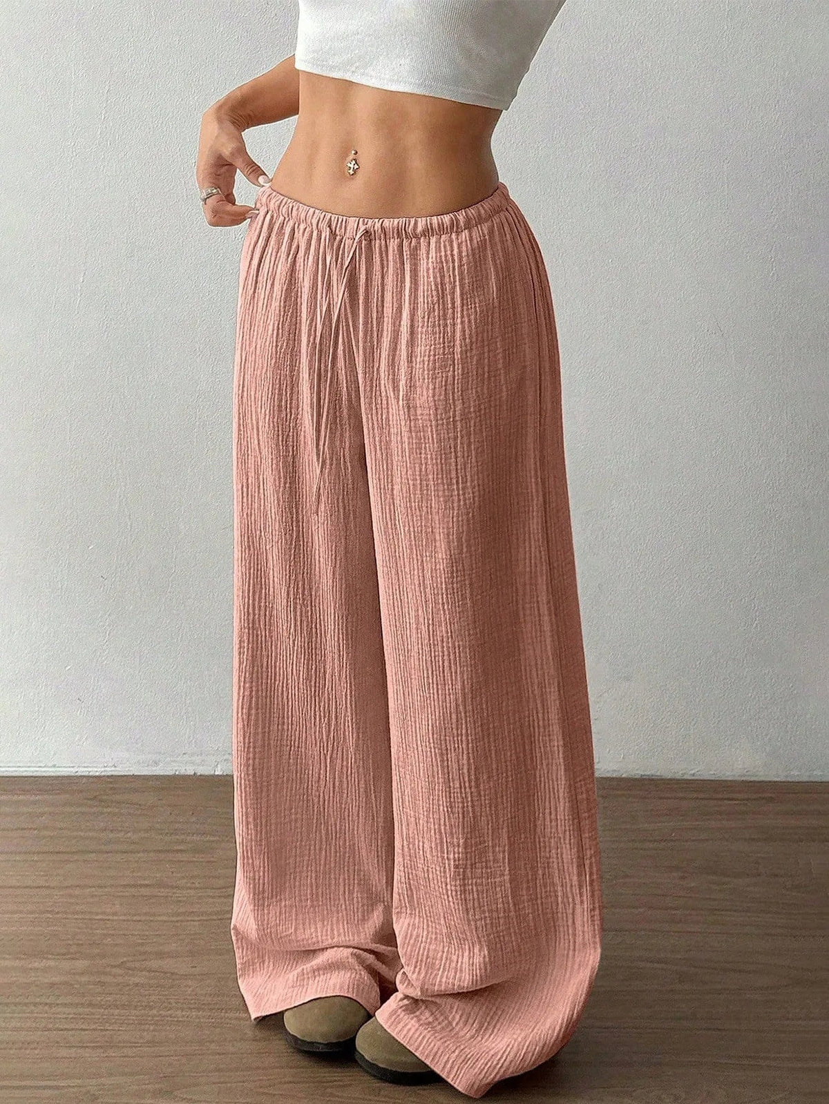 New Style Pure Cotton Fashion Casual Solid Color Loose Wide-Leg Floor-Length Trousers for Women