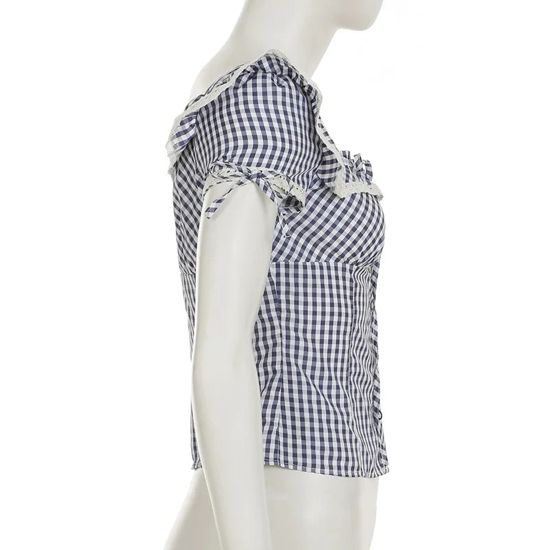 Sweet and spicy retro lace lace patchwork check shirt French daily basic cinched waist style school square neck top