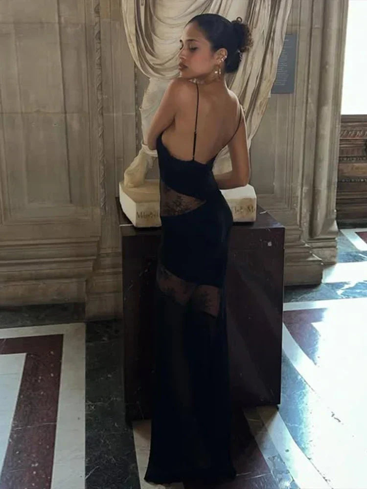 Halter Choker Neck Lace Chevron Panel Sheer Maxi Gown