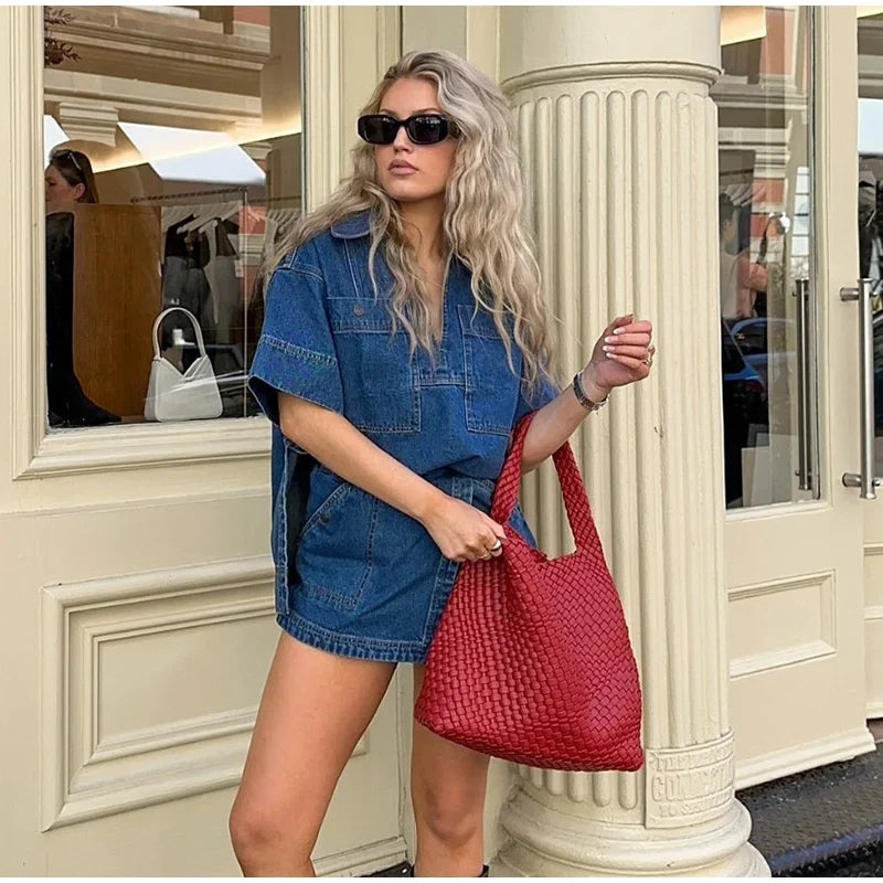 Classic Denim V-neck Shirt Mini Skirt Set Women Vintage Loose Lapel Tops Irregular A-lined Skirts Sets Female Chic Street Outfit