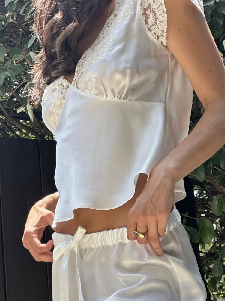 Lace Satin Patchwork Pants Solid Color Lace Up Elastic Waist Women's Casual Lace Bottom Wide Leg Pants Daily Chic Outfit
