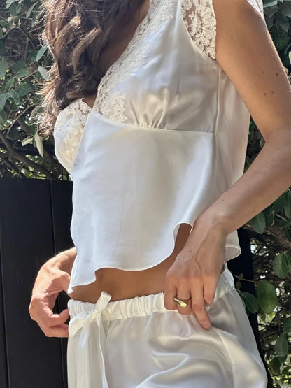 Lace Satin Patchwork Pants Solid Color Lace Up Elastic Waist Women's Casual Lace Bottom Wide Leg Pants Daily Chic Outfit