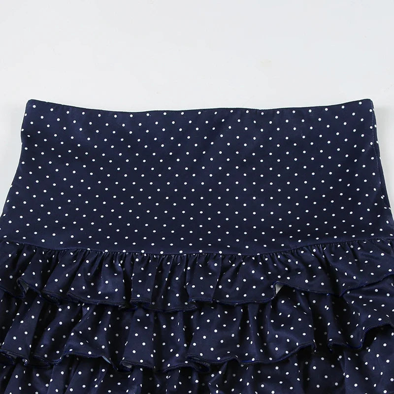 Dot Print V-neck Halter Camisole Top and A-line Layered Skirt Suit Fashion Sexy Women Backless Summer Two Piece Set