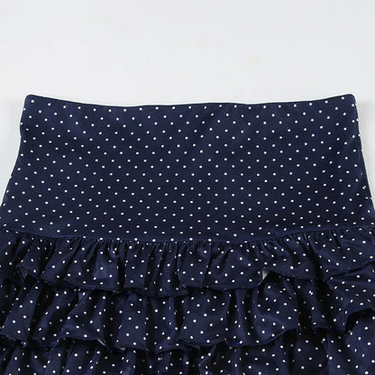 Dot Print V-neck Halter Camisole Top and A-line Layered Skirt Suit Fashion Sexy Women Backless Summer Two Piece Set