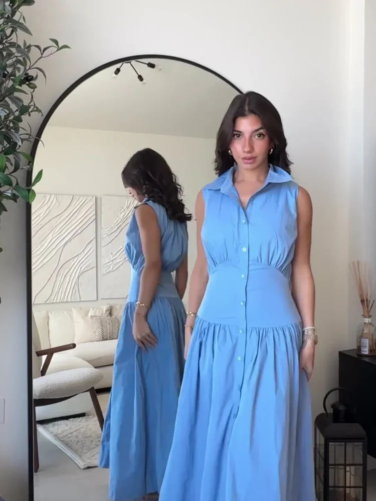 Casual Sleeveless Slim Women Long Dresses Fashion Bule Lapel Single Breasted Patchwork Pleated Dress Summer Lady Street Robes