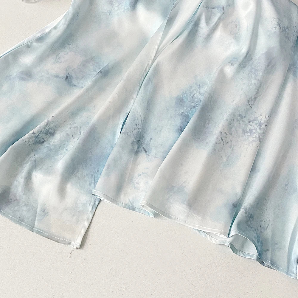 New Chinese Blue Satin Printed Fishtail Vinage Dress for Women Summer Elegance High end Slimming Wrap Hip Long Suspender Dress