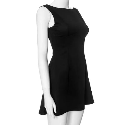 Boat Neck Sleeveless Fitted Waist Flared Skater Mini Dress