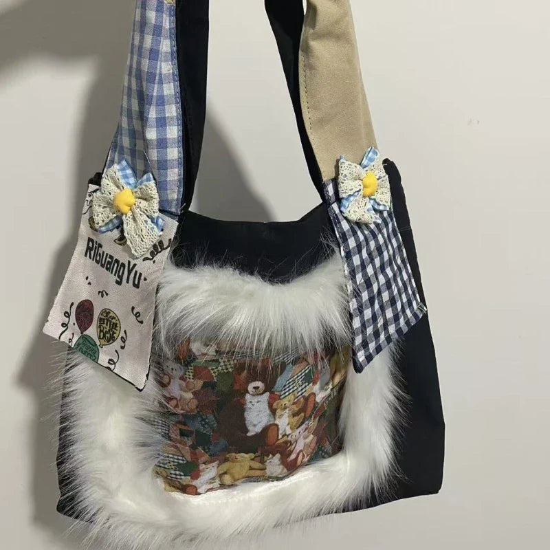Fur Patchwork Vintage Plaid Shoulder Bags Sweet Y2k Cartoon Bear Chic Bow Handbags Casual Women Harajuku Ins Grunge Underarm Bag