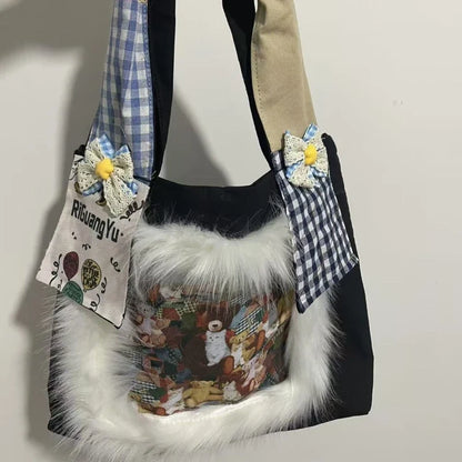 Fur Patchwork Vintage Plaid Shoulder Bags Sweet Y2k Cartoon Bear Chic Bow Handbags Casual Women Harajuku Ins Grunge Underarm Bag