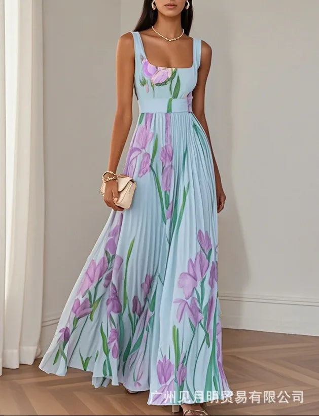 Elegant Print Belt Long Holiday Dress Women Square Collar Sleeveless Backless Pleated Party Dresses 2025 Summer Lady Floral Robe