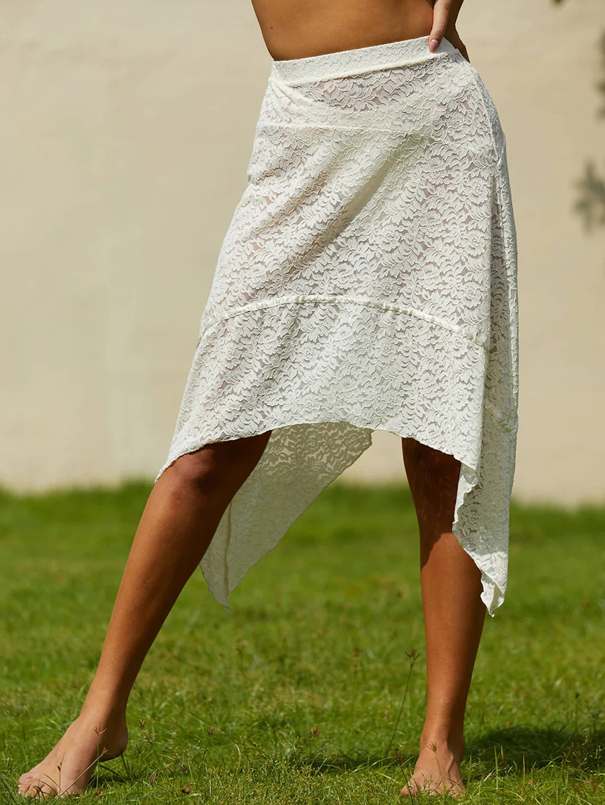Women's See Through Lace Floral Handkerchief Hem Asymmetric Knee Length Beach Cover Up Skirt